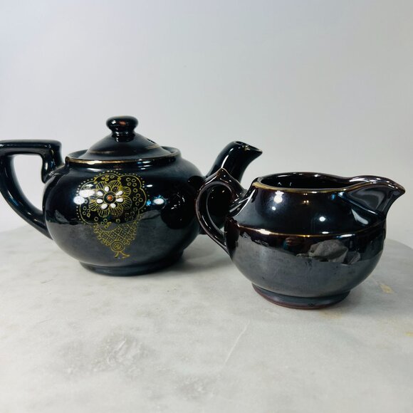 Vtg Japanese Black Ceramic Teapot & Redware Creamer Hand-Painted Floral Motifs - Picture 3 of 7
